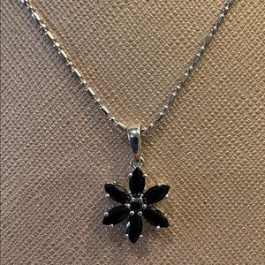 Black crystal flower necklace and earrings set silver plated 18”